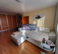 Bright living room in a two-room apartment with wood-patterned flooring and a white sofa.