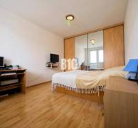 Bedroom in a 2-room apartment with wood-patterned flooring, a mirrored wardrobe, and a desk.