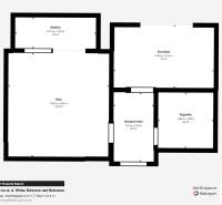 Floor plan of a 1-room apartment with an entrance hall, room, kitchen, bathroom, and balcony.
