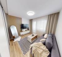 A one-room apartment with a wooden decor floor, a gray sofa, and a patterned carpet.
