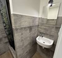 Studio apartment with gray tiles and a mirror, sink, floor with wood decor.