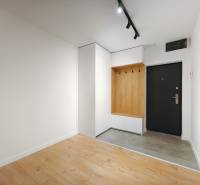 Entrance hallway with wood-patterned flooring and built-in furniture in a 2-room apartment.