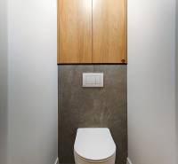 A bathroom in a 2-room apartment with a dark stone floor and wooden cabinets.