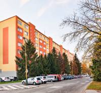 Považská Street, Košice - Západ district, near a residential building with cars and trees.