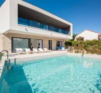 A villa in Bali with a pool and loungers, surrounded by greenery and a blue sky.