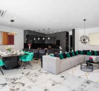 Spacious living room of the villa with a dining area, sofa, and modern kitchen.