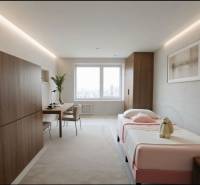Bedroom in a 3-room apartment with a bed, a desk, and a wooden-decor floor.