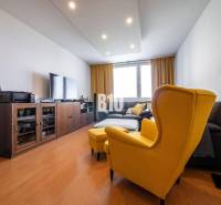 Living room in a 4-room apartment with a wooden decor floor, yellow armchair and sofa.