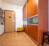 A hallway in a 4-room apartment with tiles and a built-in wardrobe.