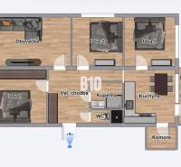 Floor plan of a 4-room apartment with a living room, kitchen, and two bathrooms.