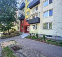 In Nitra, there is an apartment building with an interesting colorful facade near greenery.
