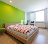 A bedroom in a 4-room apartment with a wood-patterned floor and a green wall.