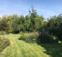 A garden at a family house in Čierna Voda with lush greenery and a lawn.