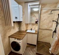 A bathroom in a 2-room apartment with a washing machine, a shower cabin, and a floor with a wooden decor.