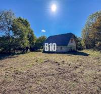A cottage in Lackov surrounded by nature, grassy land, trees, and a clear sky.