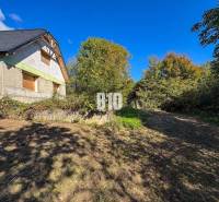 A cottage in Lackov surrounded by trees, with a grassy plot and a sunny sky.