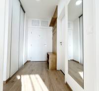 Entrance hall with a mirror and a wooden decor floor in a 2-room apartment.