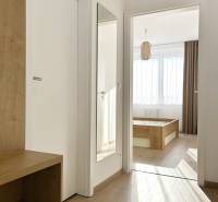 A hallway in a 2-room apartment with a wooden decor floor and a mirror on the wall.