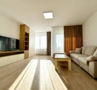 Living room with a sofa, television, table, and wooden decor flooring in a 2-room apartment.