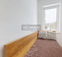 Simple bed with pillows, wooden decor floor, bright room, large window.