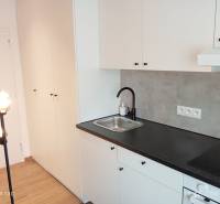 A kitchenette in a studio apartment with a wooden decor floor and spot lighting.