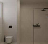 Bathroom in a 2-room apartment with a toilet, shower, and neutral tiles.