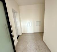 A hallway in a 2-room apartment with white walls and doors with glass inserts.