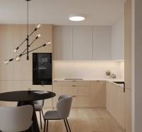 The visualization shows a kitchen with a dining table in a 2-room apartment, light wood dominates.