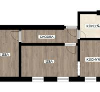 Floor plan of a 2-room apartment with a hallway and kitchen, wooden decor flooring.