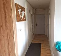 A hallway in a 2-room apartment with a wooden decor floor and storage spaces.