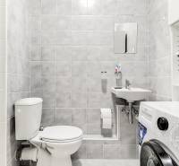 Bathroom in a studio apartment with a washing machine, toilet, and shower. Gray tiles dominate.