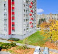 Apartment building with red elements on Saratovská Street in Bratislava - Dúbravka.