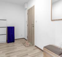 Entrance hall of a one-room apartment with a wooden decor floor, shoe cabinet, and mirror.