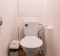 Bathroom with toilet, trash bin, and wooden decor flooring in a 2-room apartment.
