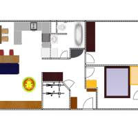Floor plan of a 3-room apartment with furniture layout and bathroom equipment.