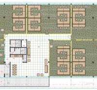 Office layout with workstations and relaxation area.