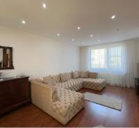Living room with a large sofa, wooden decor flooring, and antique furniture.