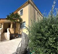 A family house in Komárno with a terrace, a garden chair, and a palm tree in the yard.