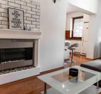 Interior of a 2-room apartment with a fireplace, sofa, and kitchenette, floor with wood decor.
