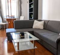 Living room in a two-room apartment, gray sofa, glass table, wooden decor flooring.