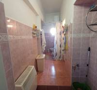 A bathroom in a family house with pinkish tiles and a shower corner.