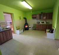 A kitchen in a family house with wooden decor, green walls, wood-burning stove.