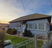 A family house in Dlhá Ves, blue facade, sloped roof, front garden, metal fence.