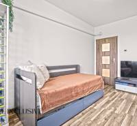 A room in a 3-room apartment with a car cabinet, a sofa, and a floor with a wooden decor.