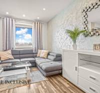 Living room in a 3-room apartment with a comfortable sofa and a wooden decor floor.