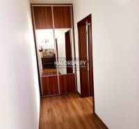 A hallway in a 3-room apartment with a wooden decor floor and a built-in wardrobe.
