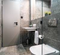 Bathroom in a 2-room apartment with dark tiles, sanitary ware, and a mirror.
