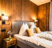 A bedroom with wooden paneling, a comfortable bed, and a side table in a two-room apartment.