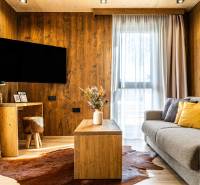 Living room in a 2-room apartment with a sofa, wood-patterned flooring, and a coffee table.