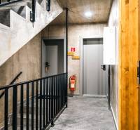 A hallway with concrete walls and metal railing in a 2-room apartment, with modern lighting.